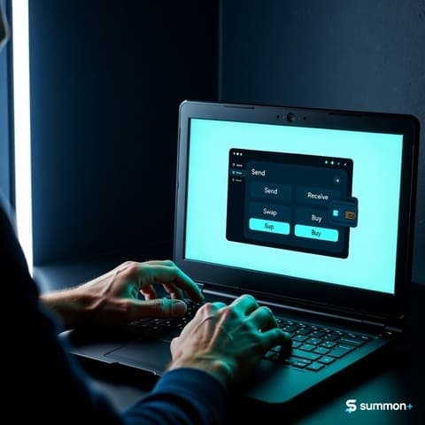 Digital seller cashing out USDC earnings on a laptop with a crypto wallet interface