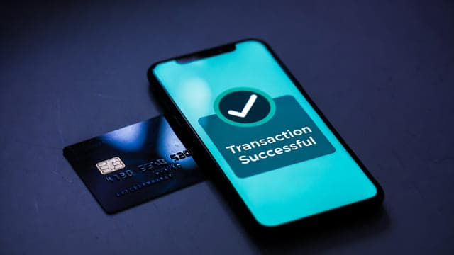 Bank card next to phone showing USDC cash out confirmation for a digital product seller